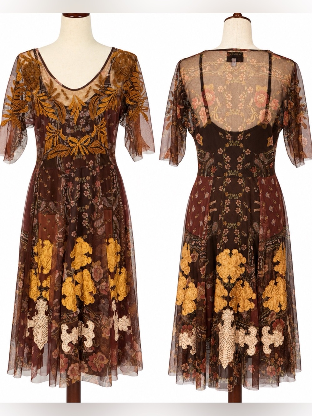 Johnny Was Biya sheer boho midi dress with appliqués and inner slip. M